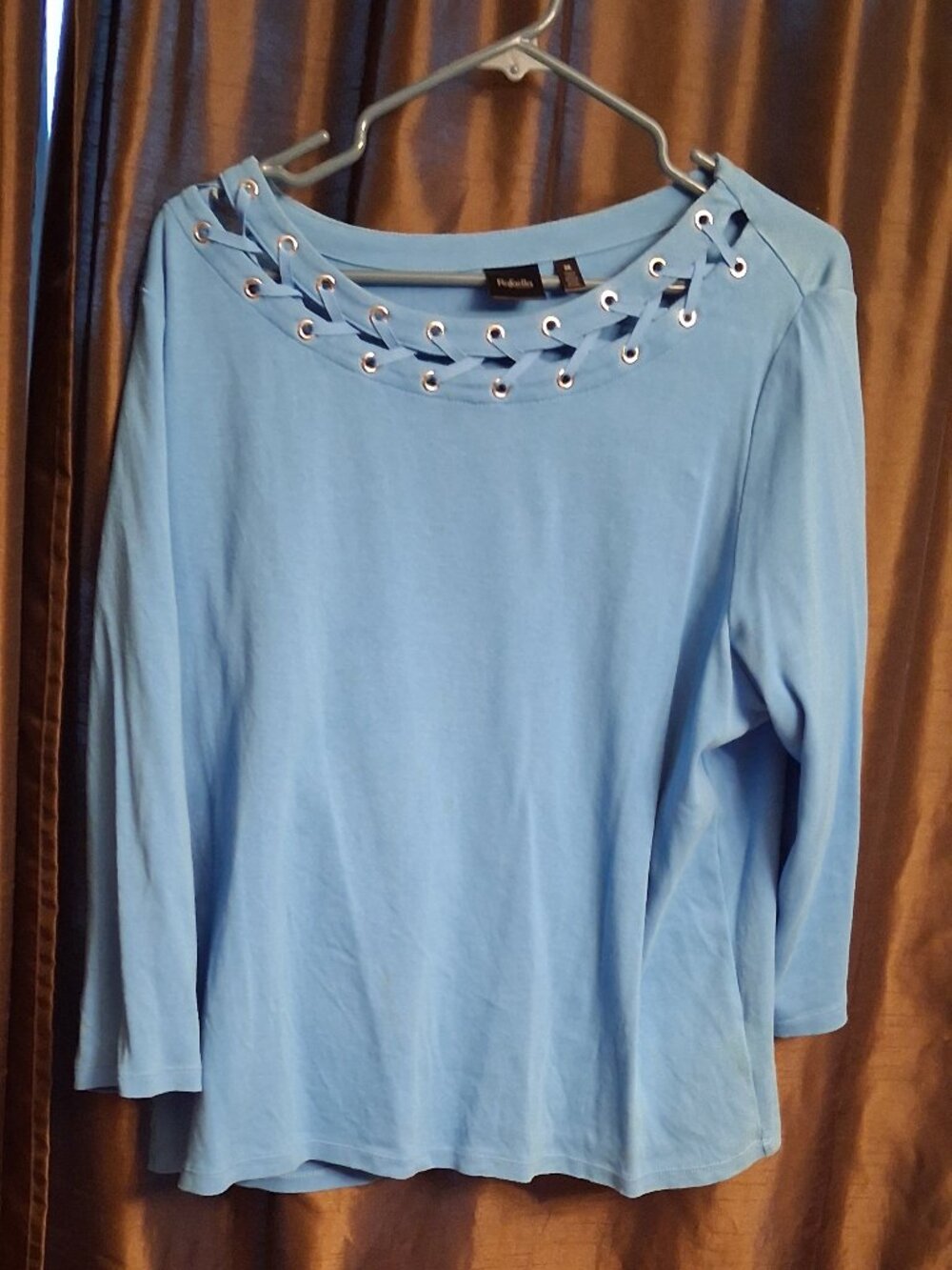 RAFAELLA 3X Blue Eyelet Lattice Neckline 3/4 Sleeve Top Size